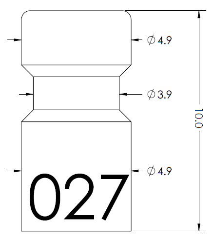 Technical drawing of a tall bottle with a rounded cap and tapered neck, showing overall height 10 units, top/bottom diameters 4.9 and middle diameter 3.9; large '027' on the front.
