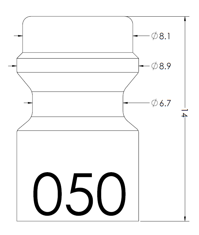 Engineering drawing of a bottle-cap cross-section with stepped profile and dimension lines: top diameter 8.1 mm, mid diameter 8.9 mm, lower diameter 6.7 mm, overall height 14 mm, and the