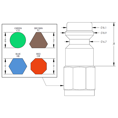 Connector illustrated with a color/shape legend: green circle, brown pentagon, blue hexagon, red octagon, and dimension callouts for diameters and height.