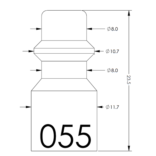 Technical drawing of a segmented cylindrical component with multiple stepped diameters and a rounded top, overall height 23.5 units. Diameters shown: top 8.0, middle 10.7, lower 8.0, base 11.7. A large '055' is printed on the base area.