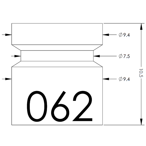Technical drawing of a cylindrical bottle with a cap and neck rings, showing dimensions: total height 10.5, top diameter 9.4, middle neck diameter 7.5; label reads 062.