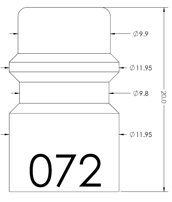 Technical drawing of a bottle with a cap, showing overall height 200 mm and various diameters (9.9–11.95 mm); part number 072.