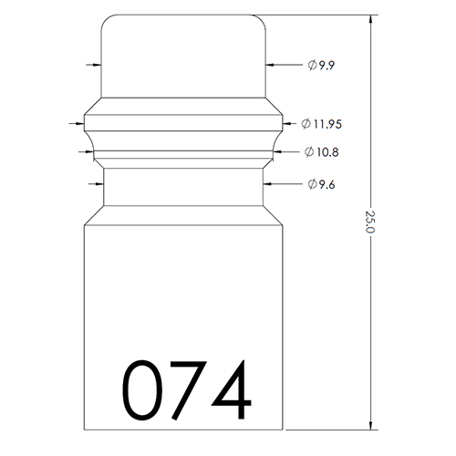 Engineering drawing of a capped component with stepped diameters: top Ø9.9, mid Ø11.95, Ø10.8, Ø9.6; height 250; base marked 074.