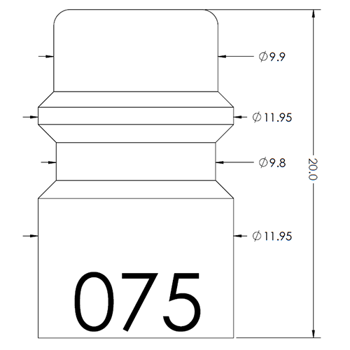 Technical drawing of a capped bottle with a stepped neck; overall height 20.0, diameters Ø9.9–Ø11.95, front shows the number 075.