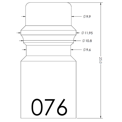 Technical drawing of a bottle with a rounded cap, showing overall height 25.0 units; neck diameters Ø9.9, Ø11.95, Ø10.8, Ø9.6; large '076' printed on the label.