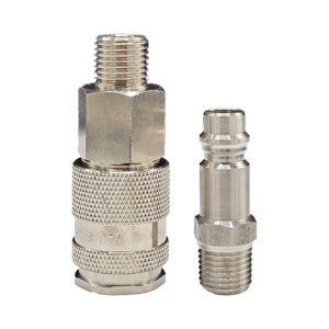 Two metal hose adapters with male threads and knurled grip on a white background.