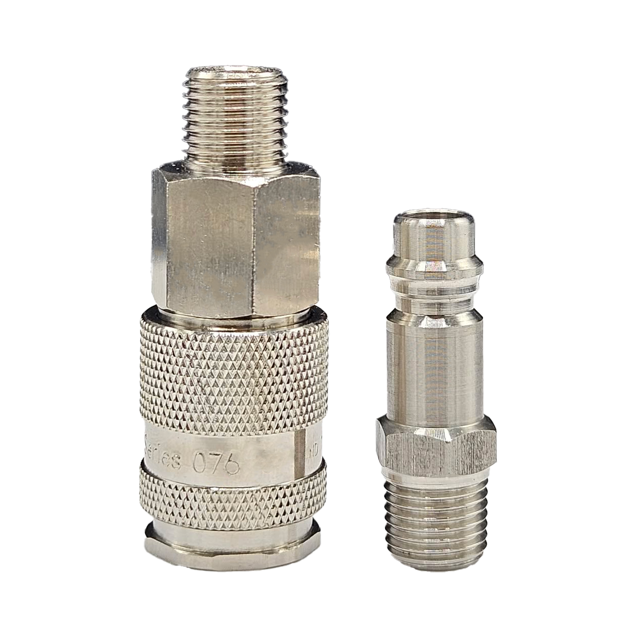 Two metal hose adapters with male threads and knurled grip on a white background.
