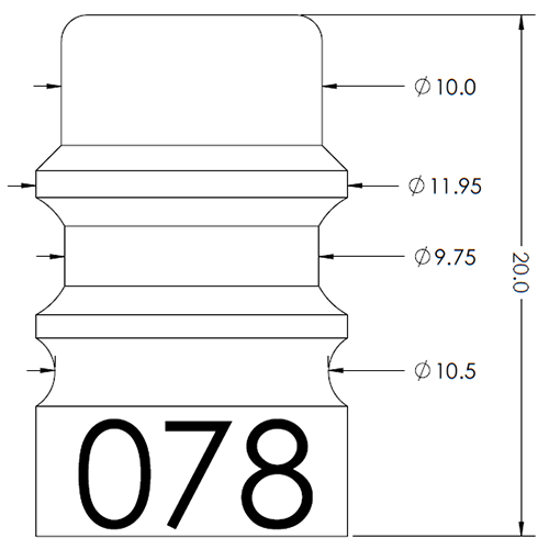 Engineering drawing of a stepped cylindrical part with a rounded top and a bottom block showing '078'; overall height 20, with diameters Ø10.0, Ø11.95, Ø9.75, and Ø10.5.