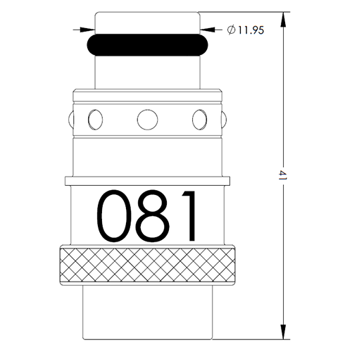 Technical drawing of a cylindrical connector with a knurled bottom grip, showing a top cap, side holes in the central collar, the number 081, and overall height 41 mm with a diameter of 11.95 mm.
