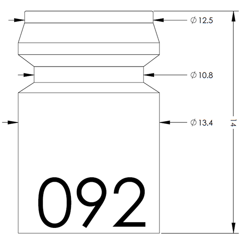 Technical drawing of a bottle with a screw-cap neck, showing diameters Ø12.5, Ø10.8 and Ø13.4 and total height 14; large '092' on the front label.