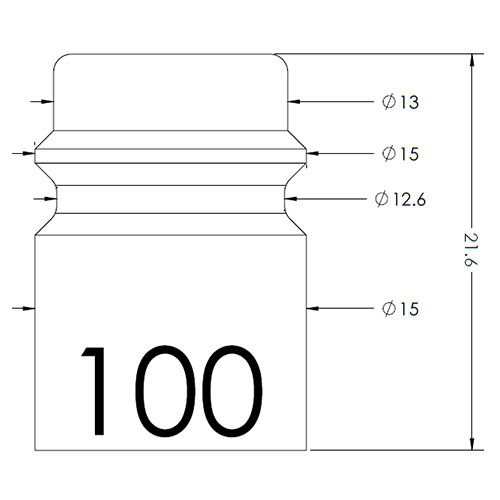 Technical drawing of a bottle with a rounded cap, showing overall height 216 and diameters Ø13, Ø15 and Ø12.6; body labeled '100'