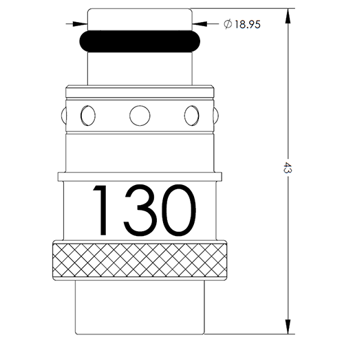 Technical drawing of a cylindrical adapter with an O-ring at the top, knurled base, and a 43 mm height; Ø 18.95 mm and a large '130' marking.