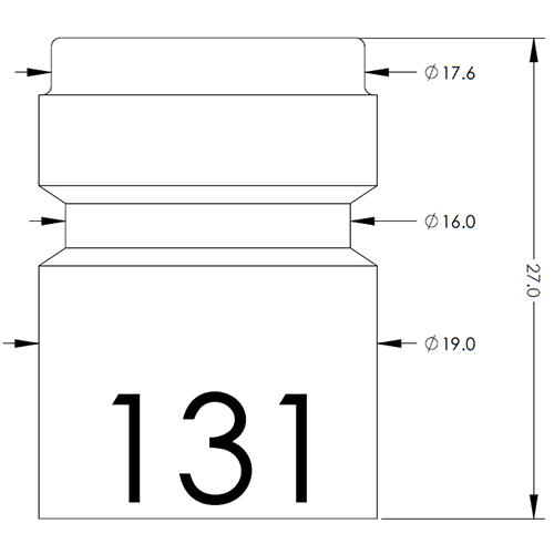 Technical drawing of a multi-diameter cylindrical part: top Ø17.6, middle Ø16.0, bottom Ø19.0; overall height 27.0; base marked 131.