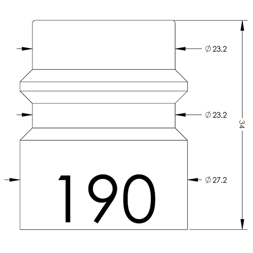 Cross‑sectional technical drawing of a bottle cap with three stepped sections; overall height 34 mm, diameters 23.2 mm and 27.2 mm, and the number 190 printed on the base side.