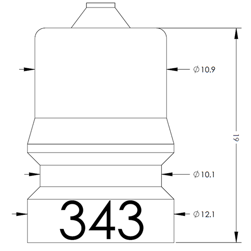 Technical drawing of a multi-step connector with a top boss and bottom base; shows overall height 19 and diameters Ø10.9, Ø10.1, and Ø12.1, with the number 343 on the base.
