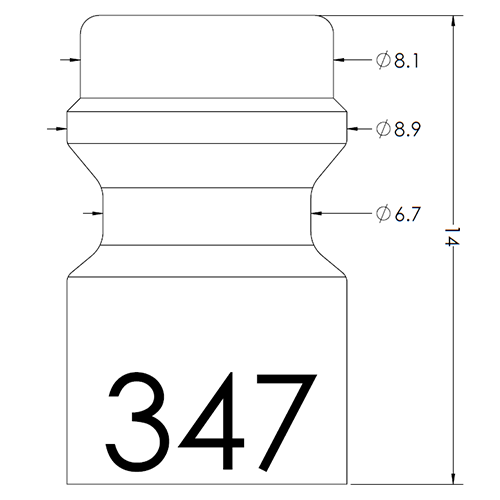 Technical drawing of a stepped cylindrical connector with three diameters (Ø8.1, Ø8.9, Ø6.7) and total height 14; part number 347.