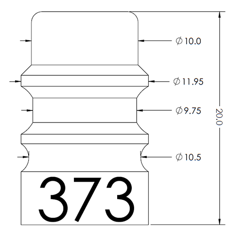 Technical drawing of a stepped cylindrical part with overall height 20 units; diameters 10, 11.95, 9.75, and 10.5 units; base shows '373'.