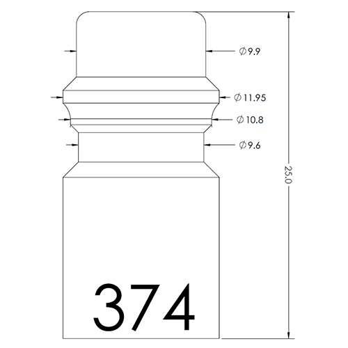 Technical drawing of a bottle-like part with rounded cap and stepped neck; shows diameters Ø9.9, Ø11.95, Ø10.8, Ø9.6 and height; label 374.
