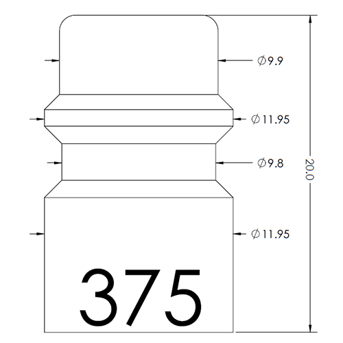 Technical drawing of a bottle cap with multiple stepped diameters and overall height 200 mm; shows Ø9.9, Ø11.95, Ø9.8, Ø11.95 sections and the number 375 on the base.