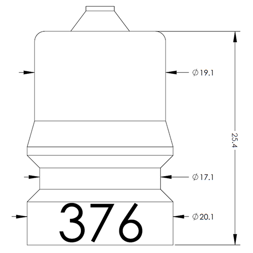 Technical drawing of a bottle-shaped container with a neck and stepped body; base displays '376'. Overall height 25.4 with Ø19.1, Ø17.1, Ø20.1.