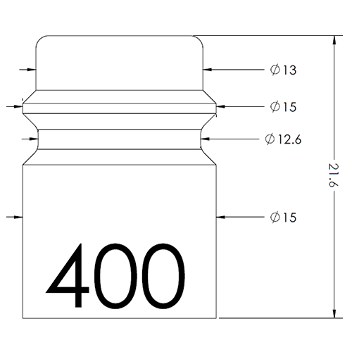 Technical drawing of a bottle with a screw-on cap, showing dimensions: overall height 21.6 units; cap outer diameter Ø13; neck and shoulder diameters Ø15 and Ø12.6 at the midsection; body diameter Ø15; and a large '400' label on the bottle.