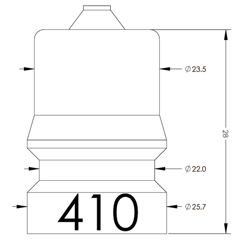 Technical line drawing of a stepped cylindrical component with a small top cap and a bottom block marked '410'; notes show overall height 28 and diameters Ø23.5, Ø22.0, Ø25.7.