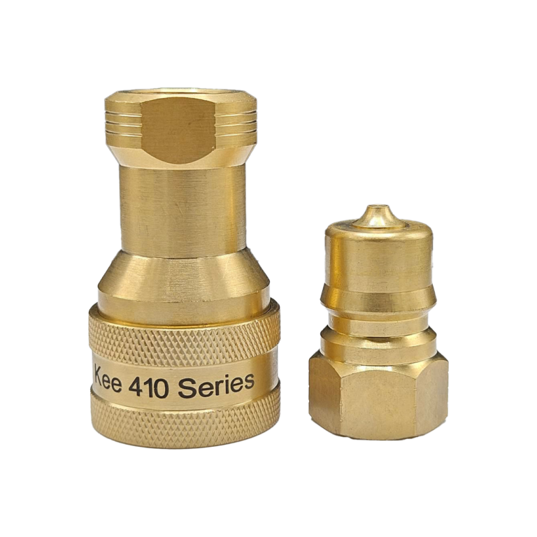 pair of brass fittings: a larger kee 410 series quick-connect coupling with knurled grip and a smaller matching plug.