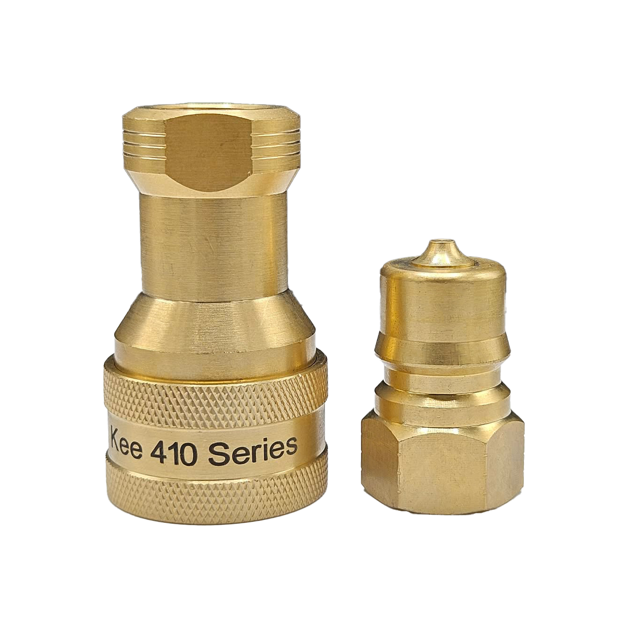 Pair of brass fittings: a larger Kee 410 Series quick-connect coupling with knurled grip and a smaller matching plug.