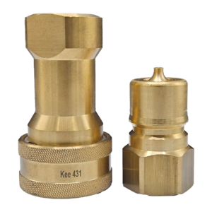 Two brass pneumatic fittings: a larger knurled coupling on the left and a smaller adapter on the right.