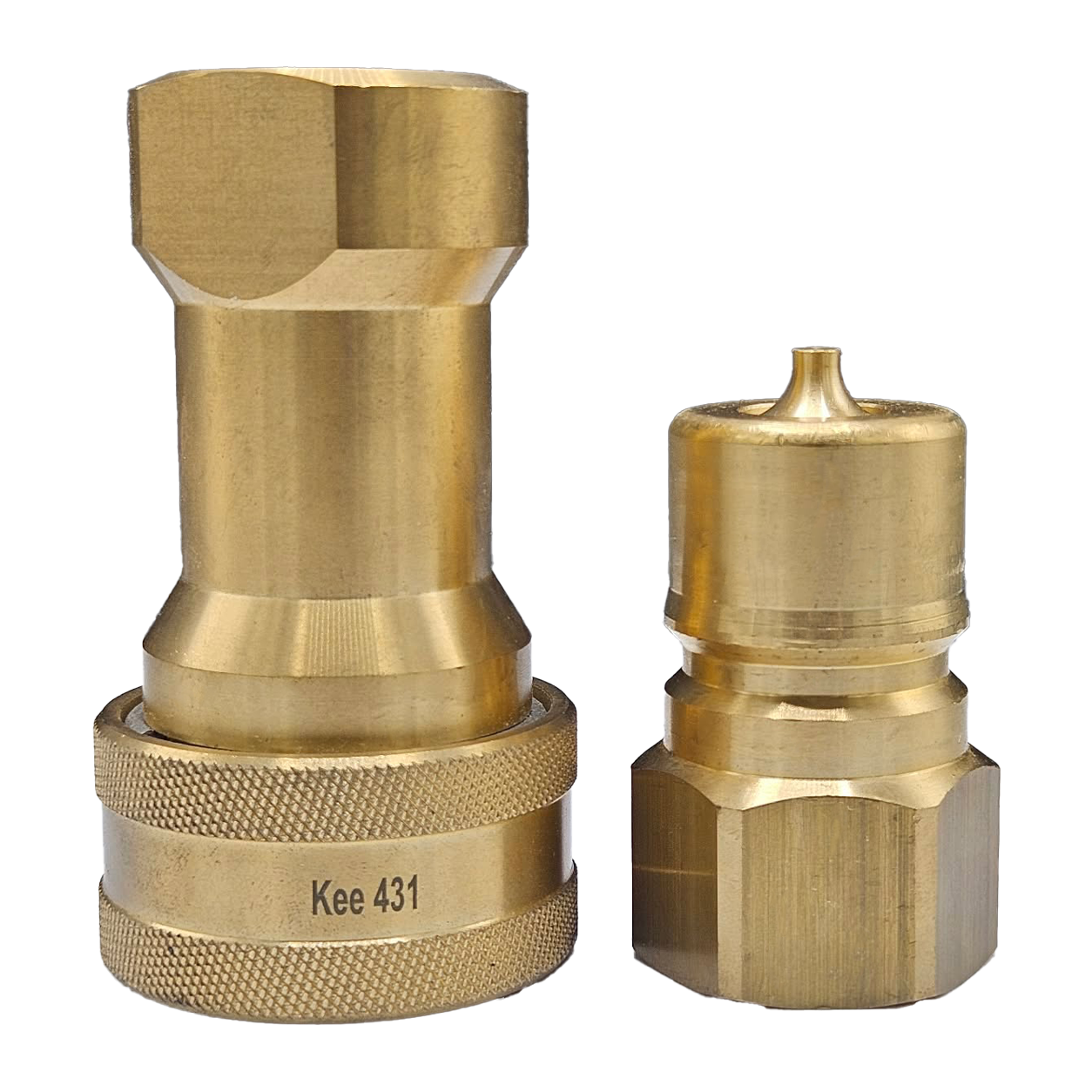 431-Series-Coupling-Plug Two brass pneumatic fittings: a larger knurled coupling on the left and a smaller adapter on the right.