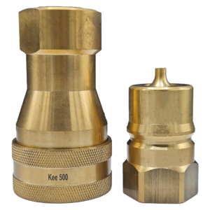 Two brass quick-connect hose fittings, a larger left piece labeled 'Kee 500' and a smaller right piece with a knurled base
