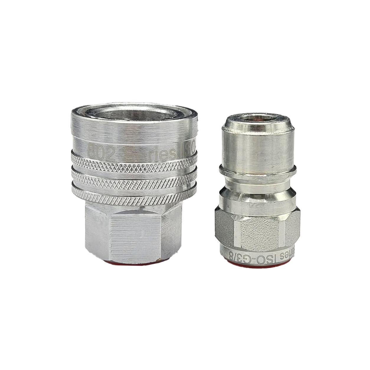 Two metal quick-connect hose fittings, one large knurled connector and one smaller hex-ended piece.