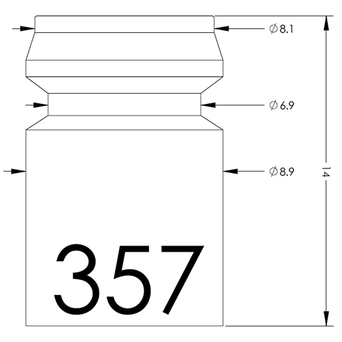 Technical line drawing of a bottle with a threaded neck; shows overall height and diameters (top 8.1, neck 6.9, body 8.9) and a large 357 on the label.