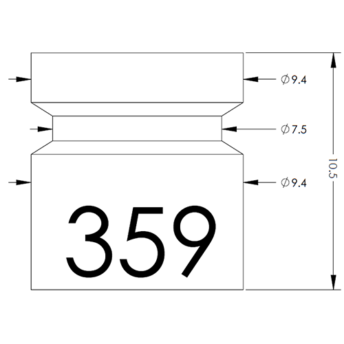 Technical drawing of a bottle with threaded neck; dimensions show overall height 10.5, top and bottom diameters Ø9.4, middle Ø7.5; front label reads 359.