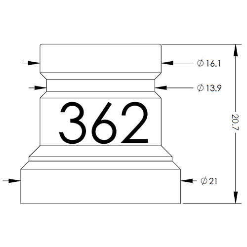Dimensioned drawing of a stepped pedestal with '362' on the front, showing three diameters Ø16.1, Ø13.9 and Ø21 and a total height of 20.7.