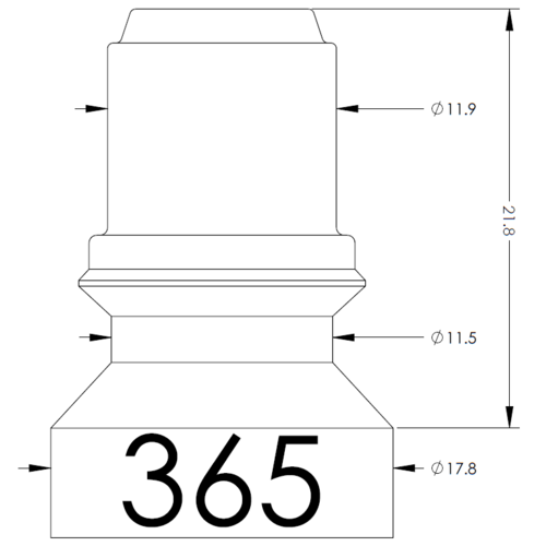 Technical drawing of a stepped cylindrical component with a flared base and a large '365' on the base. The drawing shows overall height 21.8 units, top diameter 11.9 mm, middle diameter 11.5 mm, and base diameter 17.8 mm.