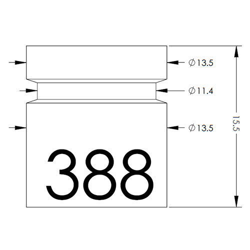Technical drawing of a bottle with a screw cap, showing neck diameters 13.5 mm and 11.4 mm, total height 15.5, with '388' on the label.