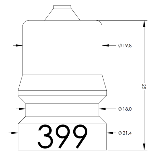 Engineering sketch of a stepped cylindrical component with a threaded neck, showing overall height 25, diameters Ø19.8, Ø18.0, and Ø21.4, and a base labeled with the number 399.