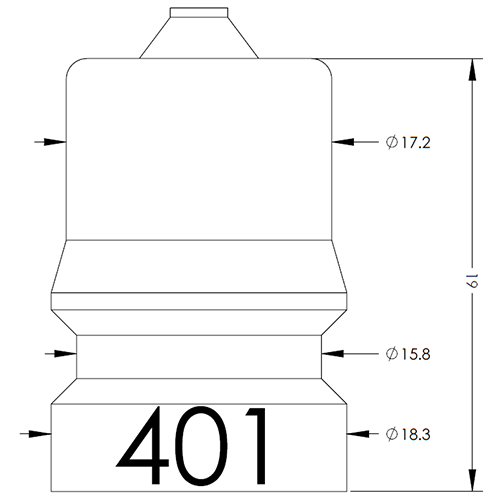 Technical drawing of a bottle-like container with a small neck on top, three stepped sections, and a base marked '401'; shows diameters Ø17.2, Ø15.8, Ø18.3 and overall height dimension.