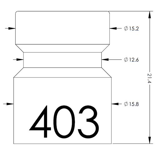 Technical drawing of a bottle with a threaded neck and cap; shows overall height 214 and diameters 15.2, 12.6, 15.8 with a large '403' on the body.