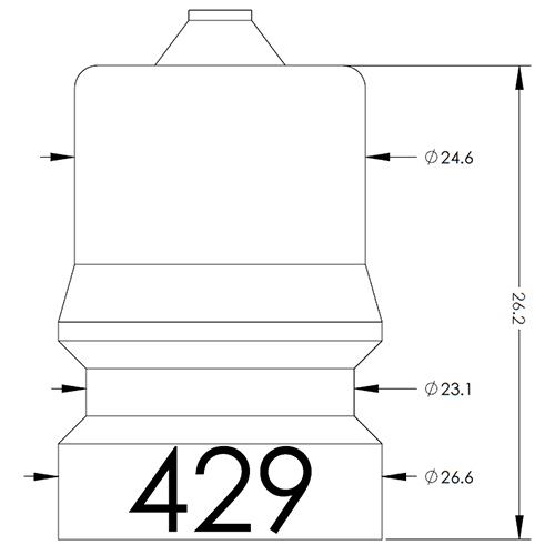 Technical drawing of a bottle-like part with a flared base, stepped shoulder, and neck.Dimensions: overall height 262, diameters Ø24.6, Ø23.1, Ø26.6; large '429' on the base.