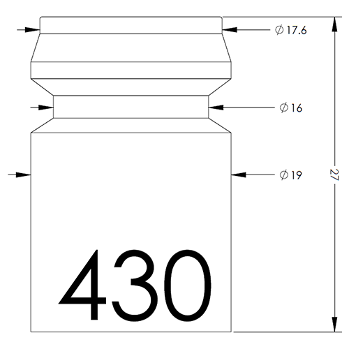 Technical bottle drawing: overall height 270, top Ø17.6, neck Ø16, body Ø19; 430 on the label.