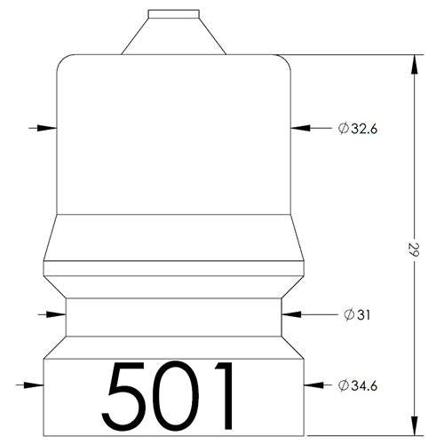 Technical drawing of a multi-diameter cylindrical component with a top boss and a base engraved '501'; overall height 29 units; diameters Ø32.6, Ø31, and Ø34.6.