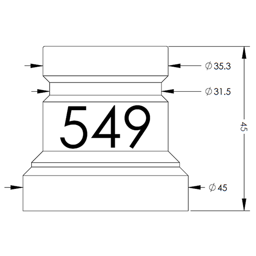 Front view of a stepped cylindrical part with three diameters: Ø45 at the base, Ø31.5 mid, and Ø35.5 near the top; overall height shown with measurement, and the central face displays the number 549.