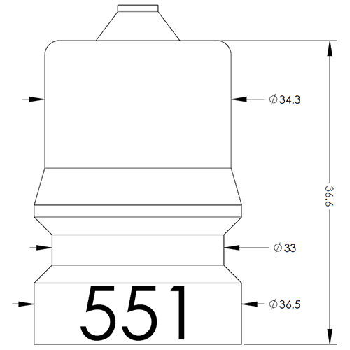 Technical side view of a stepped cylindrical component with a top cap; diameters Ø34.3, Ø33, Ø36.5 and overall height 36.6, base labeled 551.