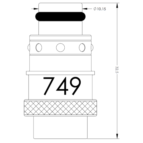 Line drawing of a cylindrical connector with a knurled grip, three side holes, and the number 749; shows Ø10.15 and total height 23.5.