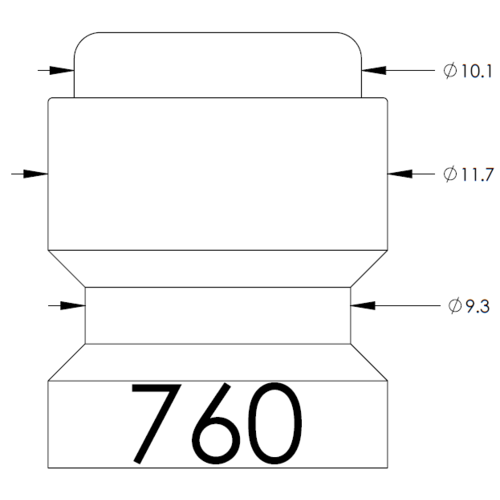 Cross-sectional drawing of a stepped cylindrical part with flanges; bottom block labeled 760, with diameter dimensions Ø10.1, Ø11.7 and Ø9.3 indicated.