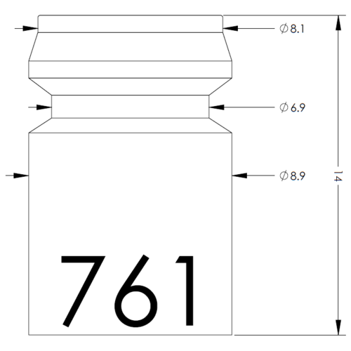 Technical drawing of a bottle neck and body with three diameter notes (Ø8.1, Ø6.9, Ø8.9) and overall height; large '761' printed on the body for identification (informative image).