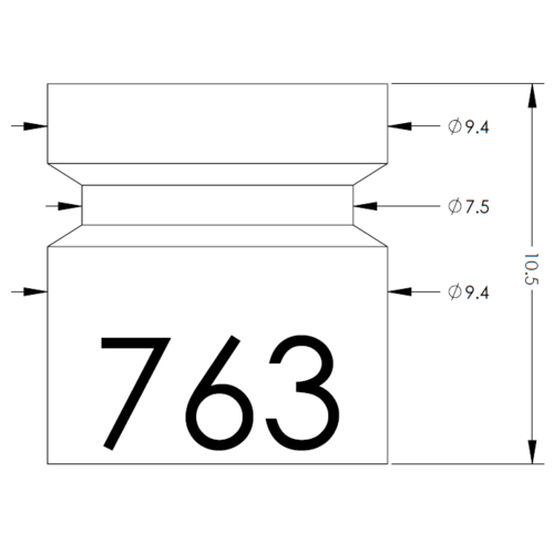 Dimensioned technical drawing of a bottle-like container with a top cap, neck shoulders, and a large '763' label; shows Ø9.4 and Ø7.5 diameters and overall height 10.5 units.