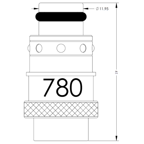 Technical line drawing of a cylindrical component with a knurled base, threaded sections, three circular side holes, a black rounded cap at the top, and the number 780; overall height 41 units with a top diameter of 11.95 units.